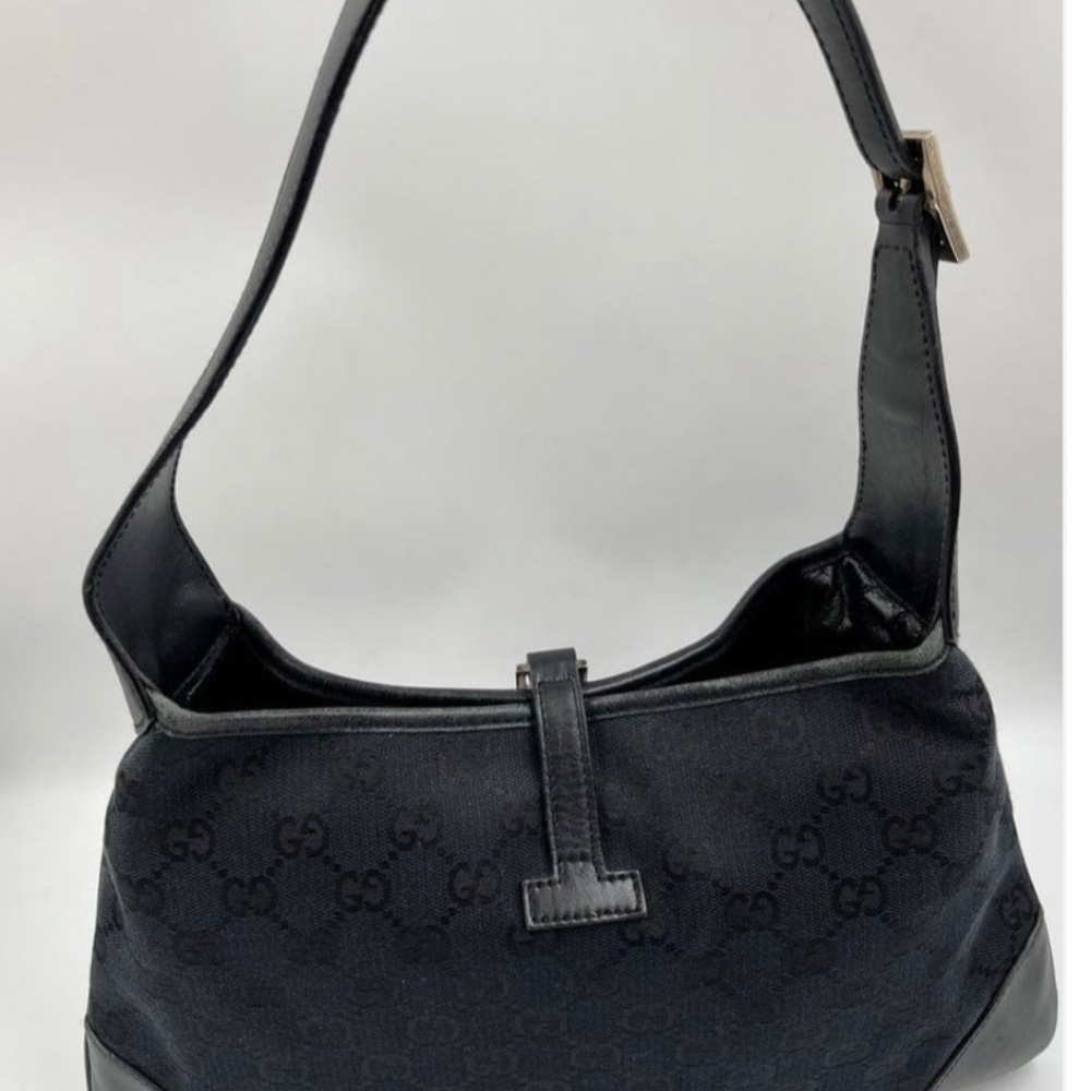 GUCCI Jackie GG Canvas Web Stripe Shoulder Bag Black Leather Vintage Authentic - Picture 12 of 13